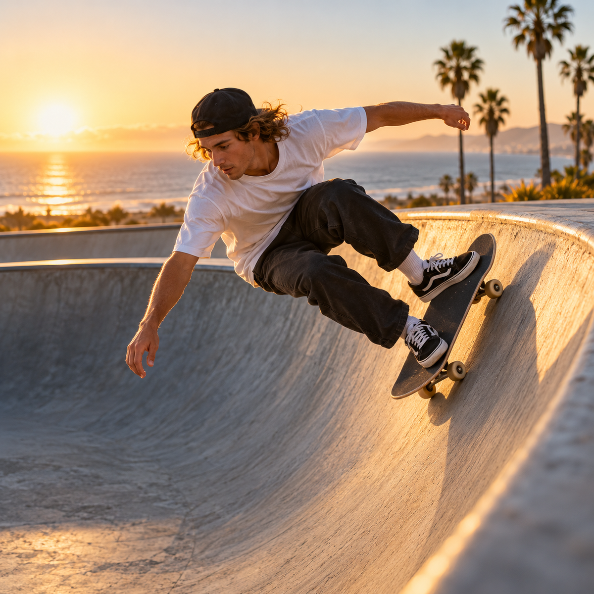 Skateboarder carving a coastal skatepark bowl at golden hour