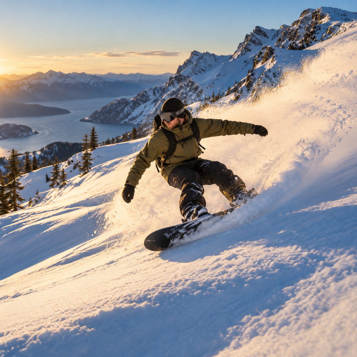 Snowboarder carving powder on a sunlit mountain