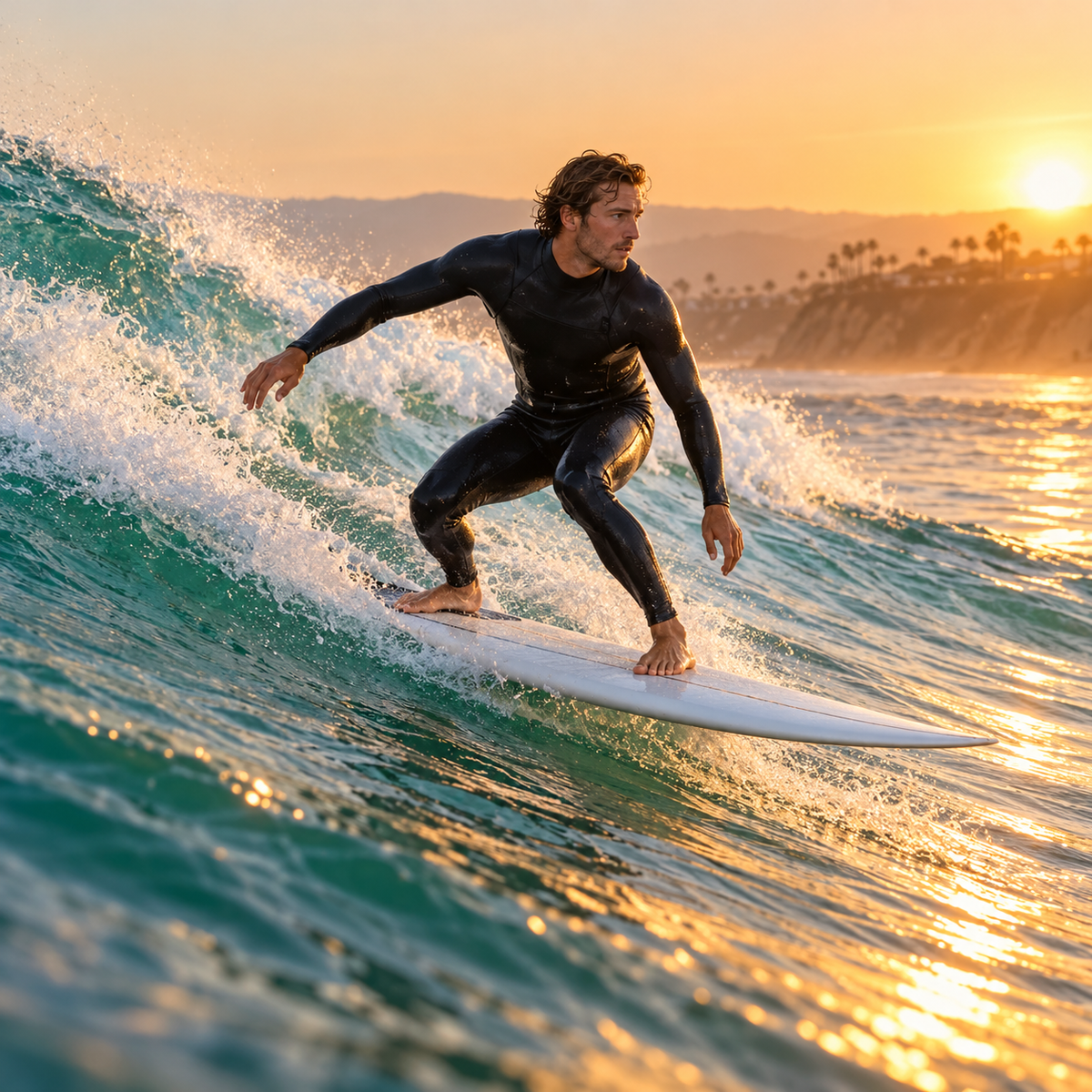 Surfer riding a wave with both feet planted on the board