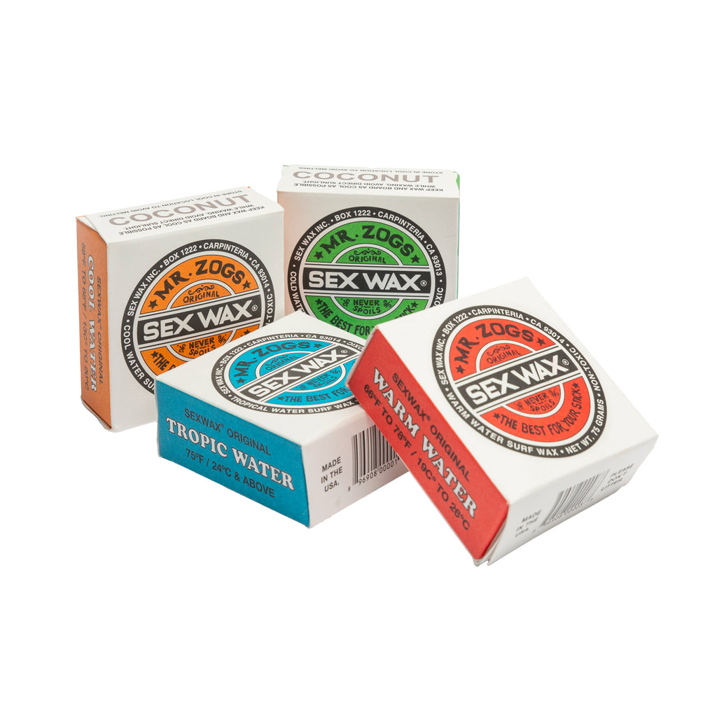 Sex Wax Original surf wax in Cold, Cool, Warm, and Tropic formulas